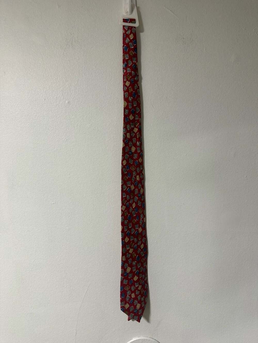 Claiborne Red Silk Necktie with Blue and Gold Abstract Diamond Geometric Pattern